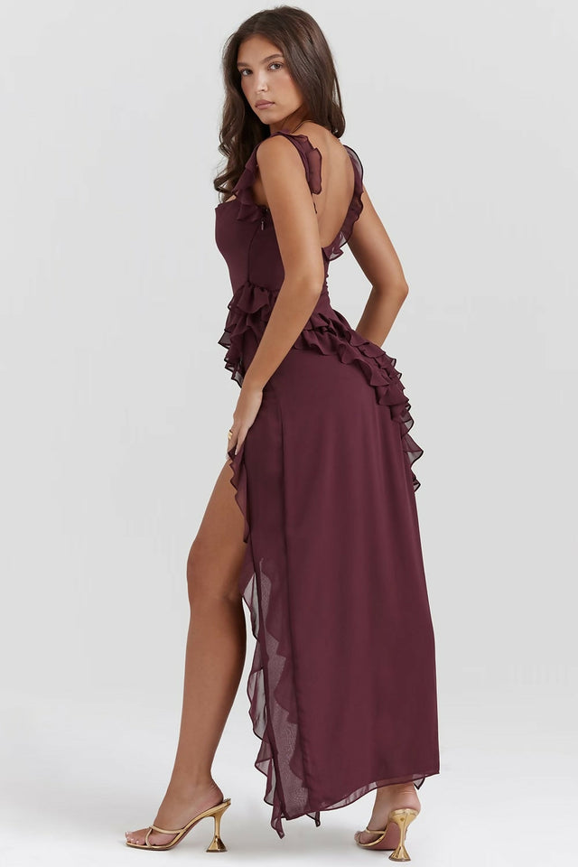 House of CB Ariela Mulberry Ruffle Maxi Dress - 8 / Mulberry - Dresses