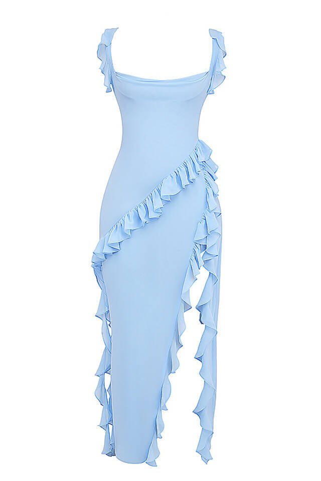 House of CB - House of CB Ariela Ruffle Maxi Blue Dress