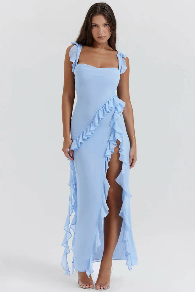 House of CB - House of CB Ariela Ruffle Maxi Blue Dress
