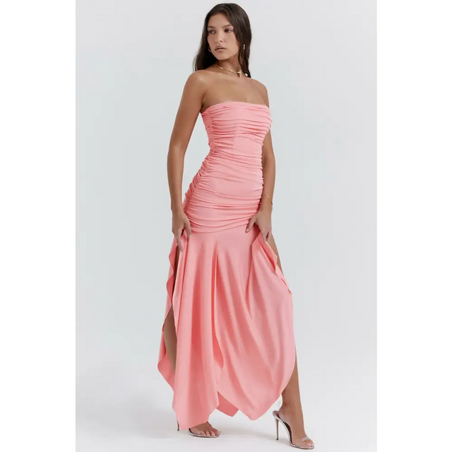 House of CB Ivana Apricot Gathered Asymmetric Dress - 8 / Apricot - Dresses