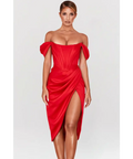 House of CB Loretta Red Satin Off Shoulder Midi Dress - Dresses