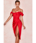 House of CB Loretta Red Satin Off Shoulder Midi Dress - Dresses