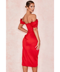 House of CB Loretta Red Satin Off Shoulder Midi Dress - Dresses