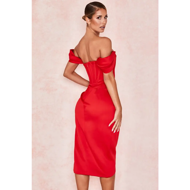 House of CB Loretta Red Satin Off Shoulder Midi Dress - Dresses