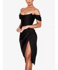 House of CB Loretta Satin Off Shoulder Dress - 8 / Black - Dresses