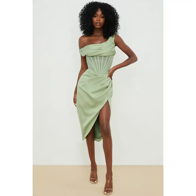 House of CB Lulu Pistachio Asymmetric Drape Midi Corset Dress - 8 / Green - Dresses