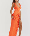House of CB - House of Cb Pixie Ruffle Maxi Dress in Flame Orange