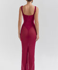 House Of CB Robina Wine Stretch Mesh Maxi Dress - 8 / Red - Dresses