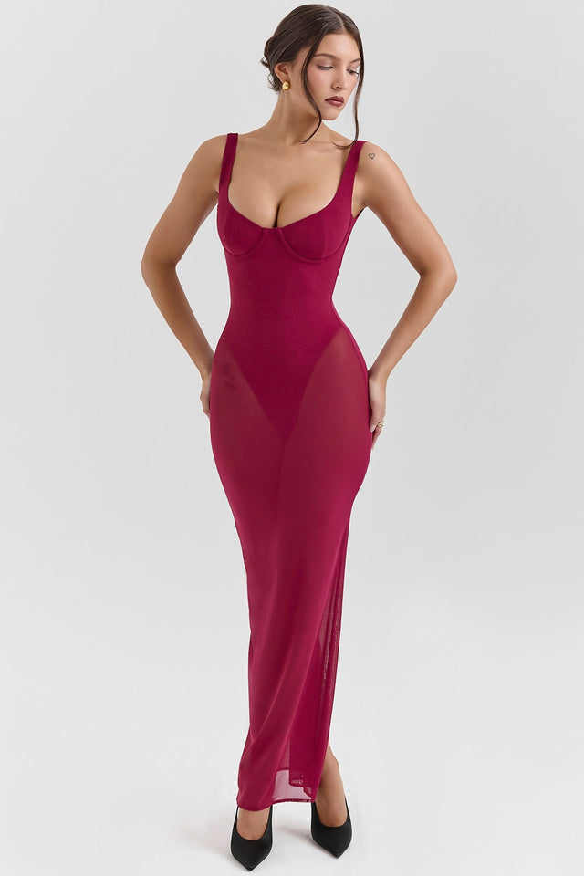 House Of CB Robina Wine Stretch Mesh Maxi Dress - 8 / Red - Dresses