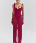 House Of CB Robina Wine Stretch Mesh Maxi Dress - 8 / Red - Dresses