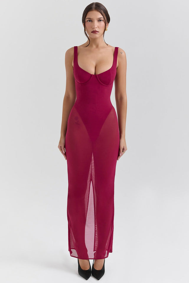 House Of CB Robina Wine Stretch Mesh Maxi Dress - 8 / Red - Dresses