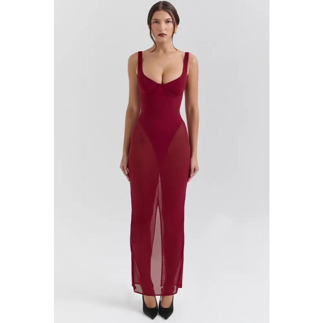 House of Cb Robina Wine Stretch Mesh Maxi - Dresses