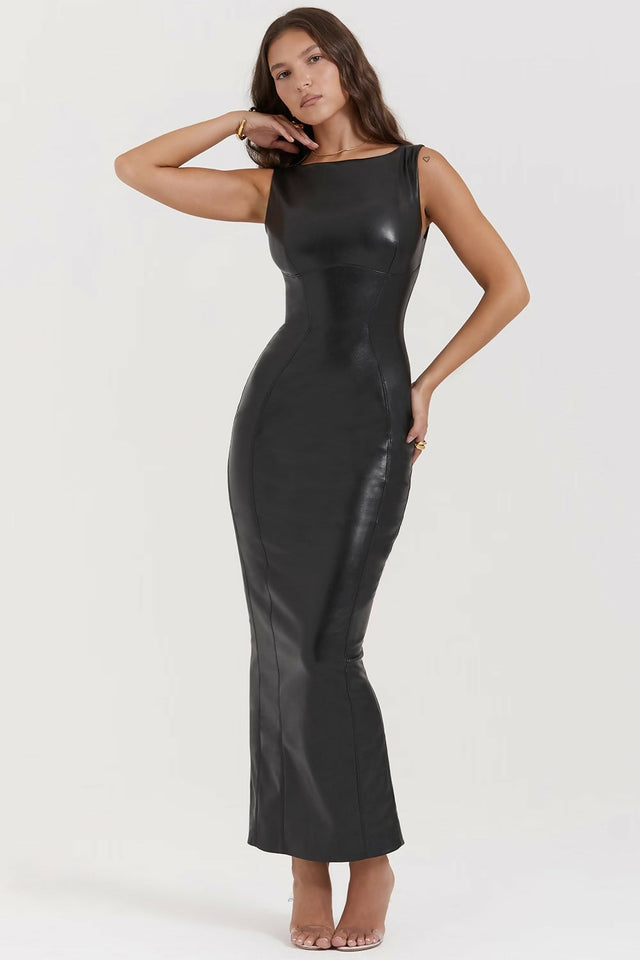 House of CB Sahara Black Vegan Leather Maxi Dress - 8 / Black - Dresses