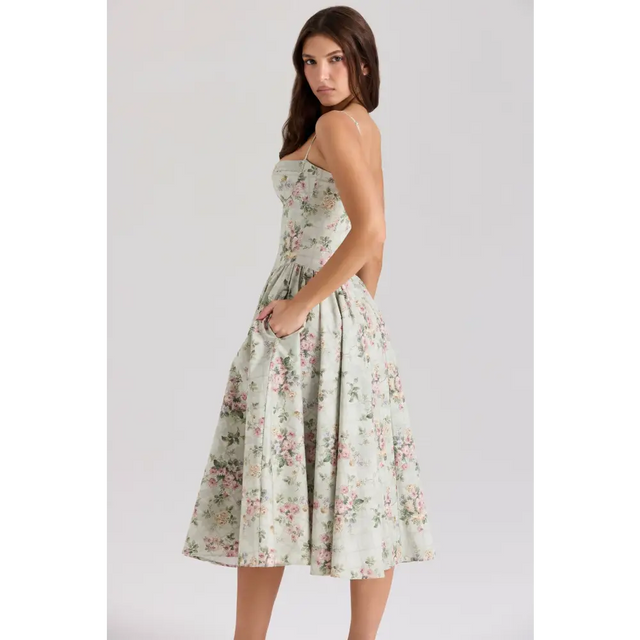 house of cb samaria dress House of CB Samaria Cotton Midi Dress Sage Floral