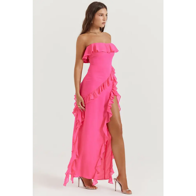 House of CB Sarina Hot Pink Ruffle Maxi Dress - Dresses