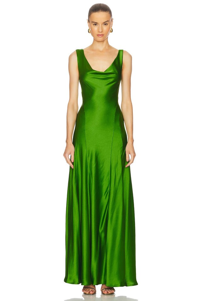 Anna Quan Keira Draped Maxi Dress Gown in Green Fern