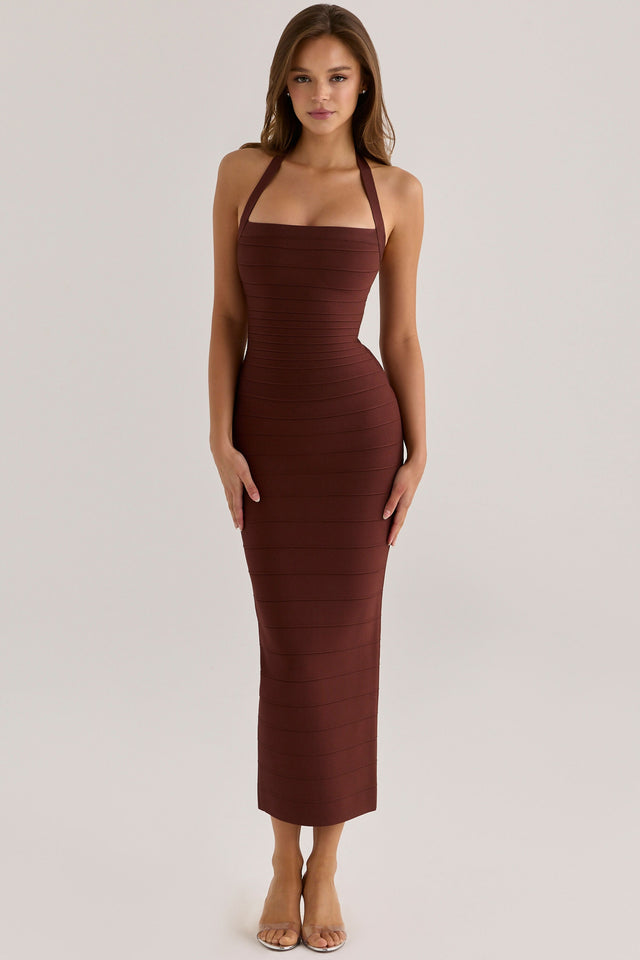 House Of CB Burnt Sugar Halter Neck Bandage Maxi Dress