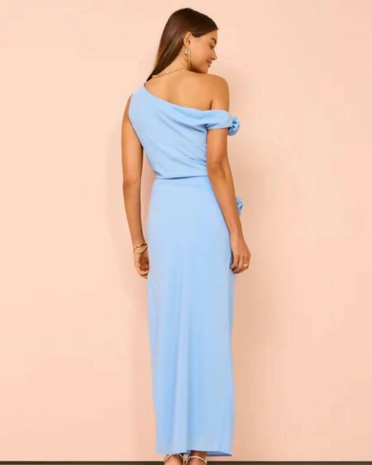 Issy Off Shoulder Flower Maxi Dress In Blue - 12 / Blue - Dresses