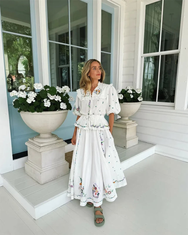 ALEMAIS Willa Embroidered Blouse and Midi Skirt Set White Floral Size 10 AU