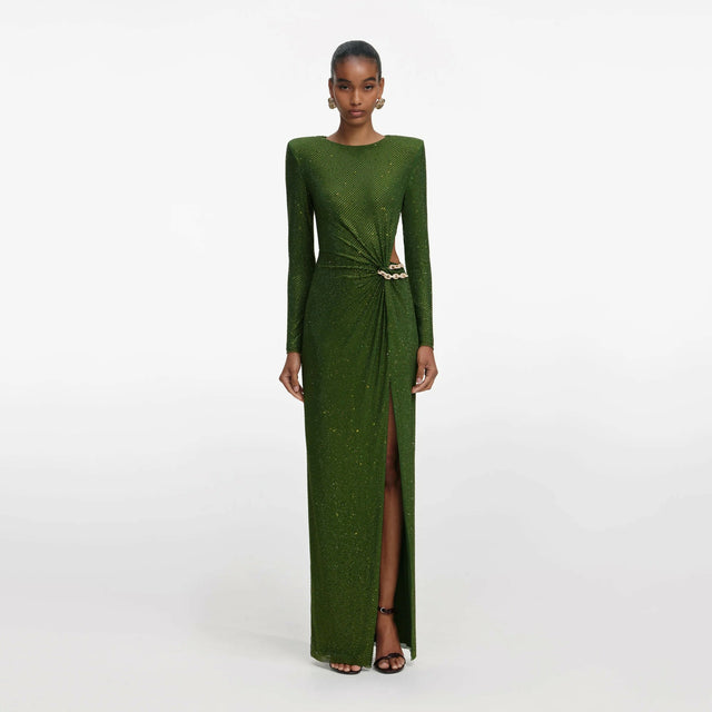 Self Portrait Olive Rhinestone Embellished Maxi Dress