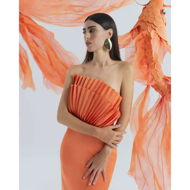 Justin Tong Rory Pleated Gown Dress Orange Size 10 & 12 - Dresses