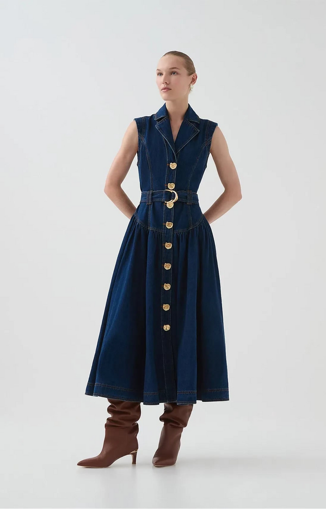 Aje Elena Belted Denim Midi Dress