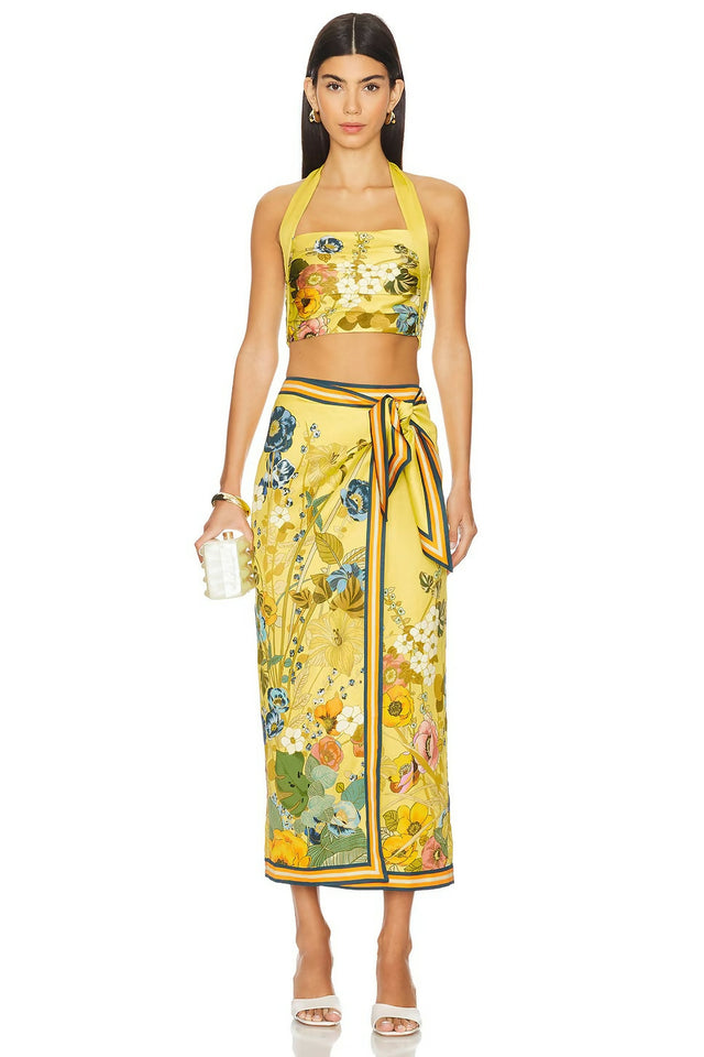Alemais Cresida Halter Crop Top & Sarong Tie Midi Skirt Set Multi