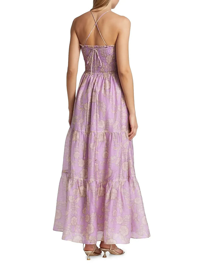 Kivari Elzette Tiered Midi Dress Lilac Floral Size 10