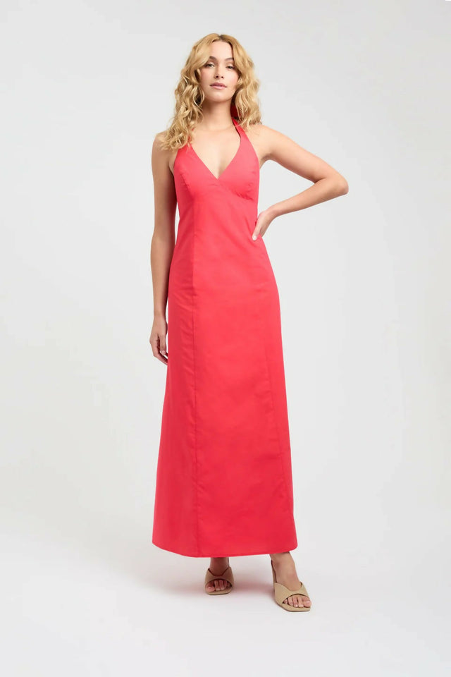 Kookai Poplin Vee Halter Dress in Candy Red - 6 / Red - Dresses