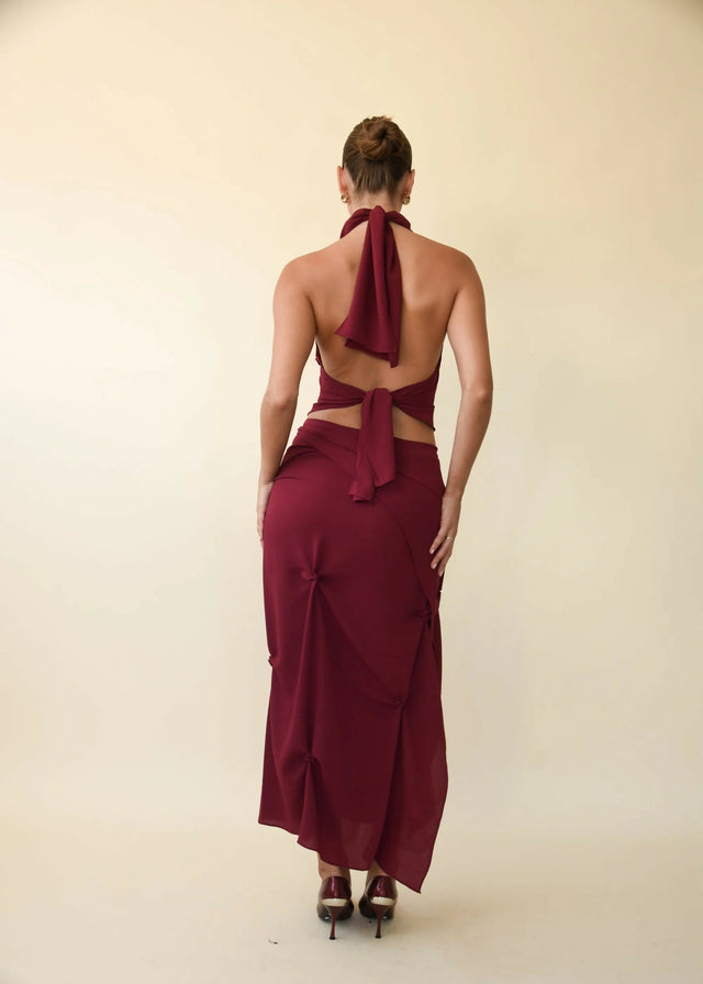 Koster Kulture Marbella Halter Top and Midi Skirt Set Wine Size M/AU 10 - 10 / Red - Outfit Sets