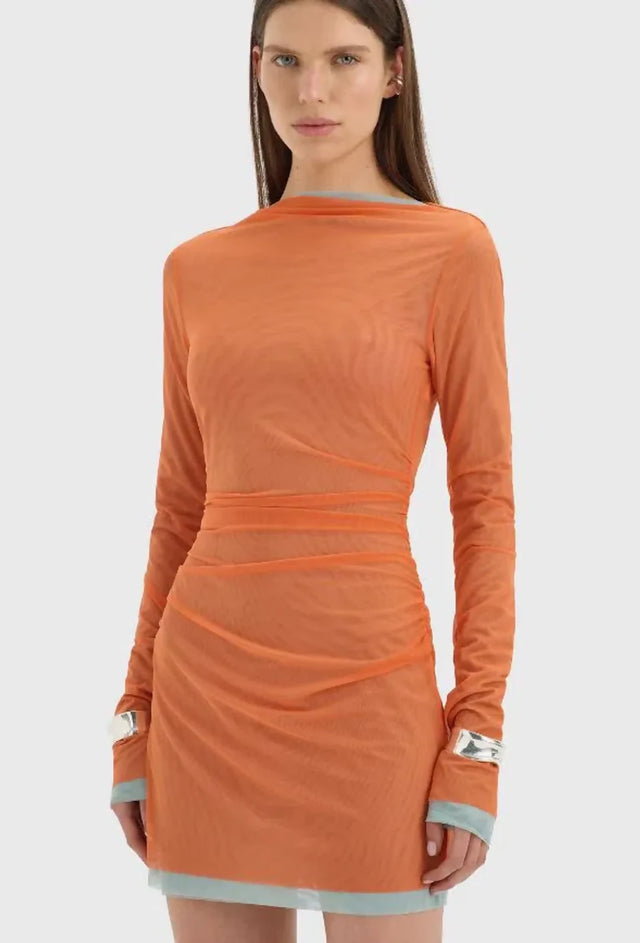 Sir Costa Gathered Mini Dress in Tangerine Splice