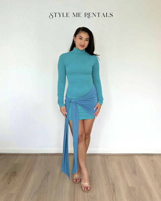 With Harper Lu Textured Wrap Mini Dress Ocean Blue