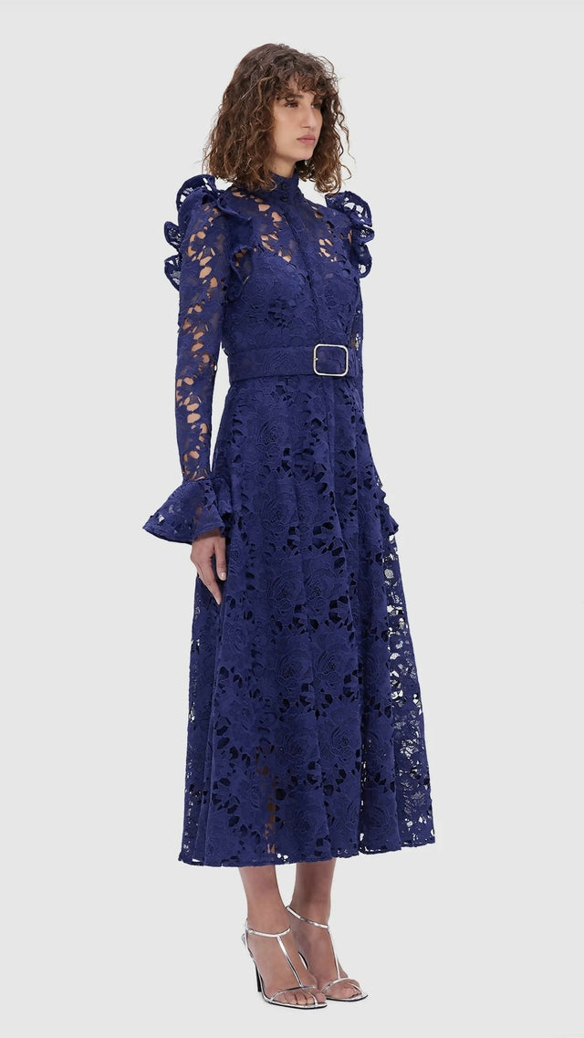 Leo Lin Aliyah Lace Butterfly Sleeve Midi Dress - Oxford Blue - 10 / Blue - Dresses
