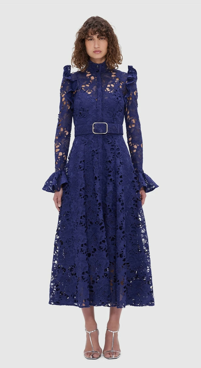 Leo Lin Aliyah Lace Butterfly Sleeve Midi Dress - Oxford Blue - 10 / Blue - Dresses
