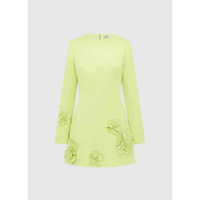 Leo Lin Aliza Long Sleeve Petal Mini Dress in Chartreuse - 12 / Green - Dresses