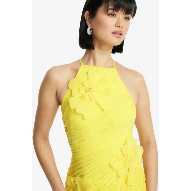 Leo Lin Amaya Floral Applique Gown in Sunshine - 6 / Yellow - Dresses