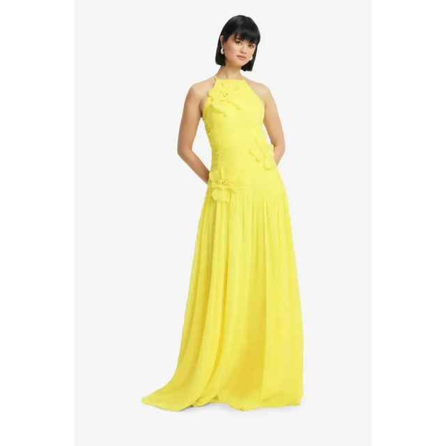 Leo Lin Amaya Floral Applique Gown in Sunshine - 6 / Yellow - Dresses