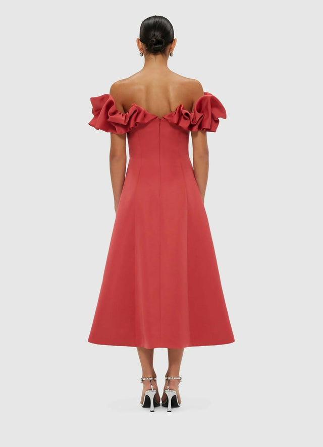 Leo Lin Annie off Shoulder Frilled Midi Dress - 14 / Red - Dresses