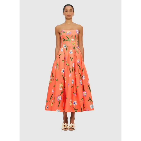 Leo Lin Bustier Midi Dress Wild Flower Coral Size AU 8