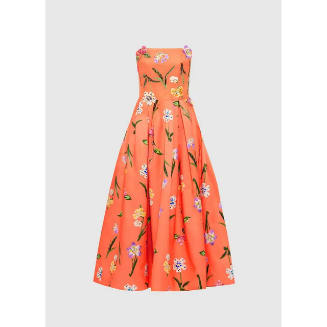 Leo Lin Bustier Midi Dress Wild Flower Coral Size AU 8