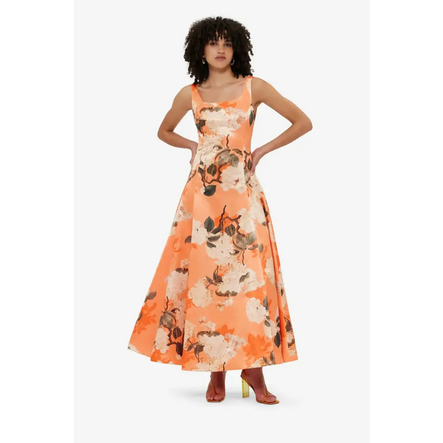 Leo Lin - Charlotte Maxi Dress - Hydrangea Print in Tangerine - 12 / Orange - Dresses