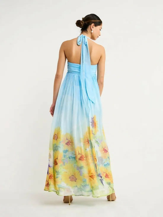 Leo Lin Claudette Silk Halter Maxi Dress In Sunflower Print Landscape Size 10 - 10 / Print - Dresses