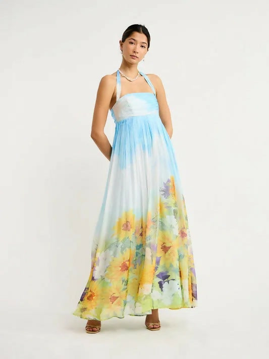 Leo Lin Claudette Silk Halter Maxi Dress In Sunflower Print Landscape Size 10 - 10 / Print - Dresses
