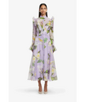 Leo Lin Katrina Butterfly Sleeve Midi Dress Lily Blossom Print in Lilac - Dresses