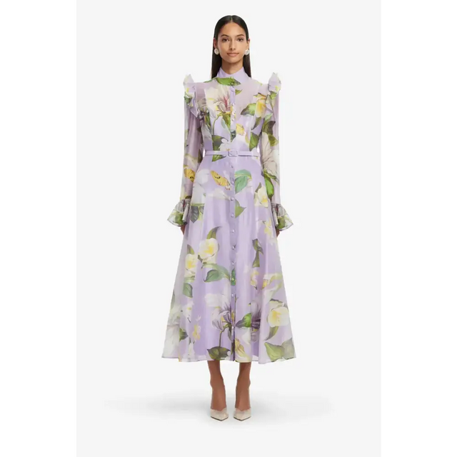 Leo Lin Katrina Butterfly Sleeve Midi Dress Lily Blossom Print in Lilac - Dresses