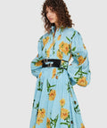 Leo Lin Marguerite Bleu Silk Linen Dress Marguerite Bleu Floral Print Size 8 10 12 & 14 - Dresses