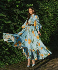 Leo Lin Marguerite Bleu Silk Linen Dress Marguerite Bleu Floral Print Size 8 10 12 & 14 - Dresses