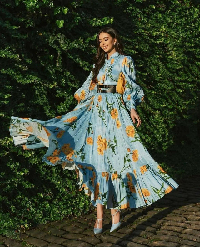 Leo Lin Marguerite Bleu Silk Linen Dress Marguerite Bleu Floral Print
