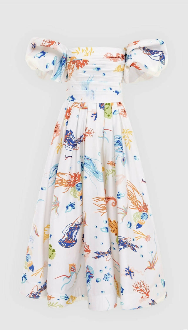 Leo Lin Matilda Puff Sleeve Midi Dress - Twilight Print in White - 10 / Multi - Dresses