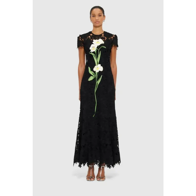 Leo Lin Monique Embroidered Lace Maxi Dress Black Size 8 - 8 / Black - Dresses